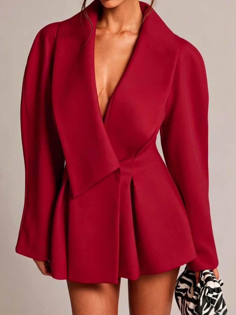 Red Casual Women's Deep V Neck Pleated Blazer